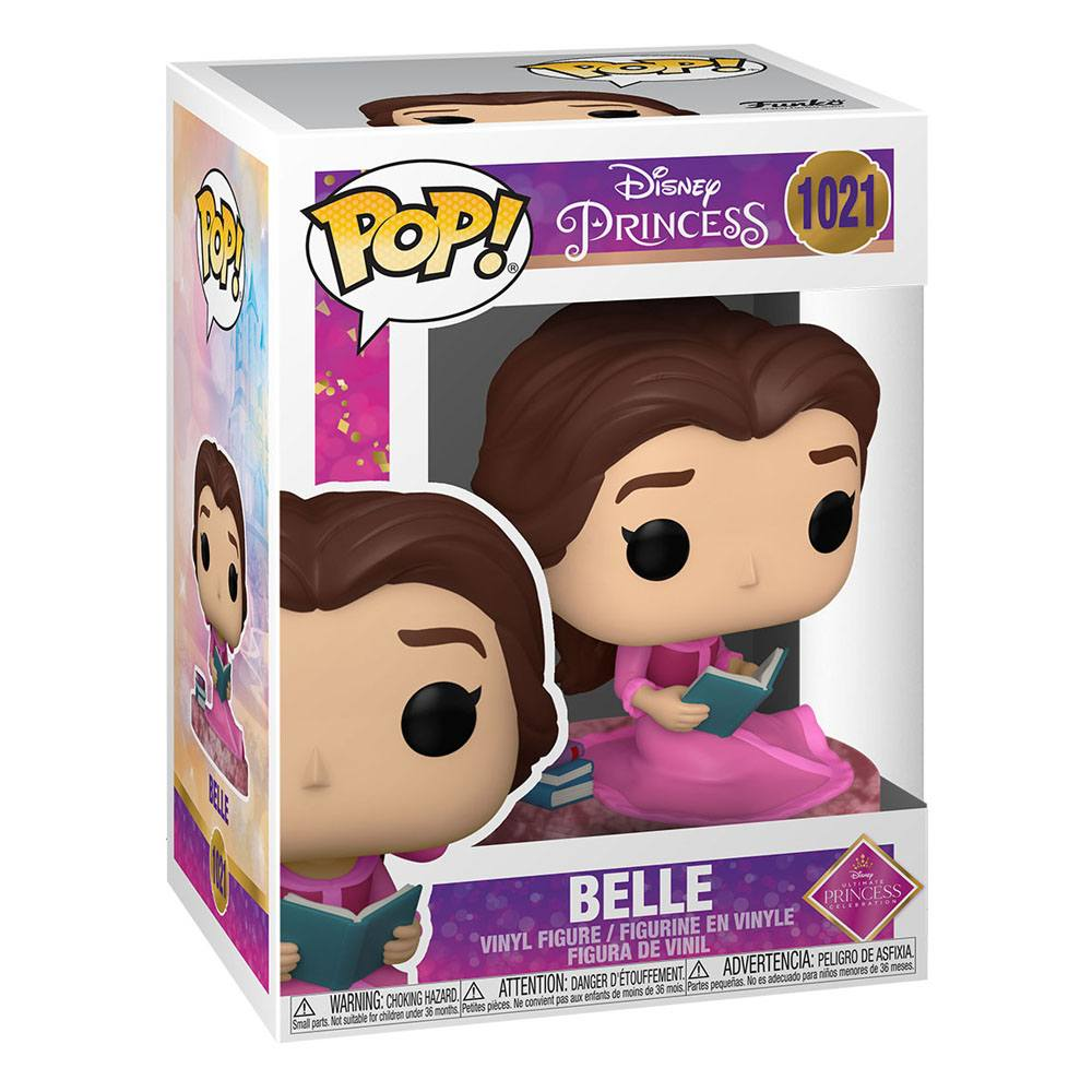 Una statuetta Funko Pop di Belle all'interno di una scatola da collezione con marchio Disney Princess.