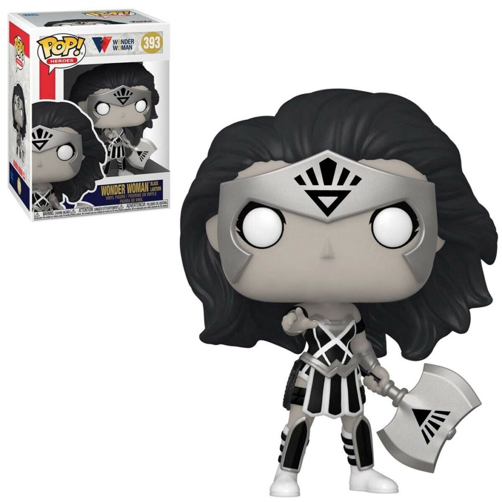Eine schwarz-weiße Funko-Pop-Figur von Wonder Woman als Black Lantern mit Axt und dazugehöriger Schachtel.