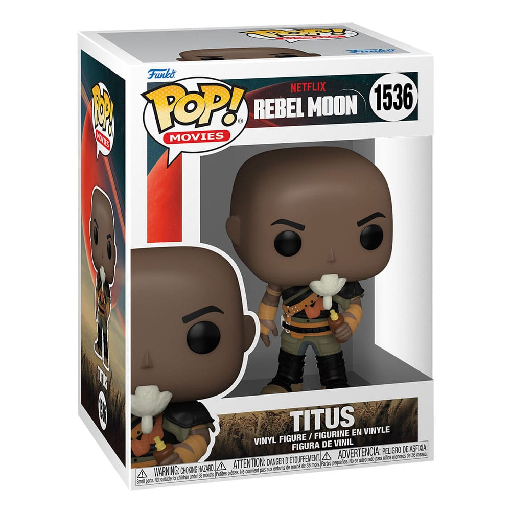 Una caja Funko Pop de Titus de Rebel Moon con una figura de vinilo dentro con armadura y una flor blanca.