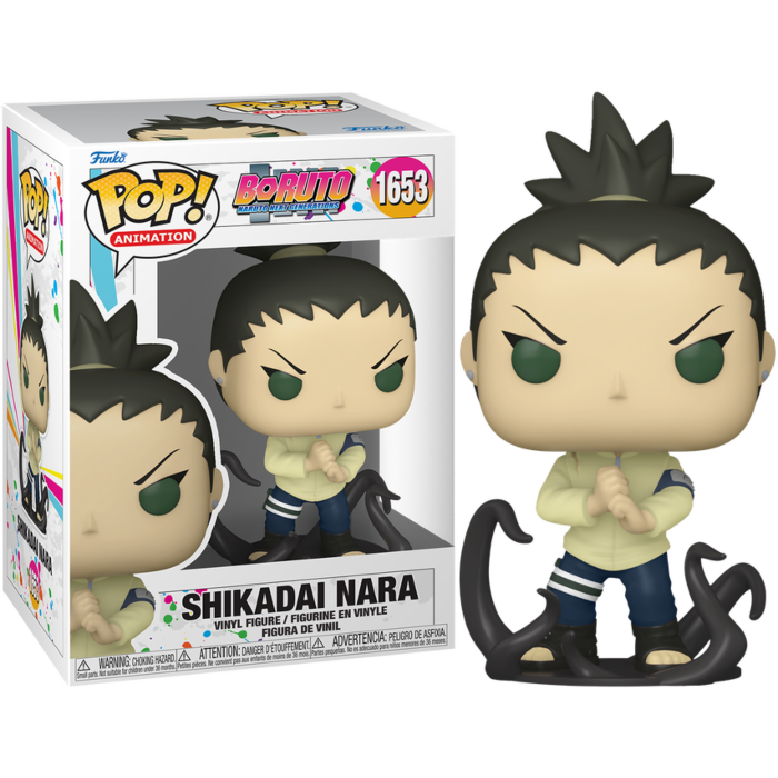 Figura de vinilo Funko Pop de Shikadai Nara de Boruto, de pie junto a su caja colorida.