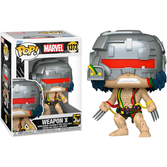 Figura Funko Pop de Marvel Weapon X con casco cibernético, visor rojo, cables y garras, junto a su caja.