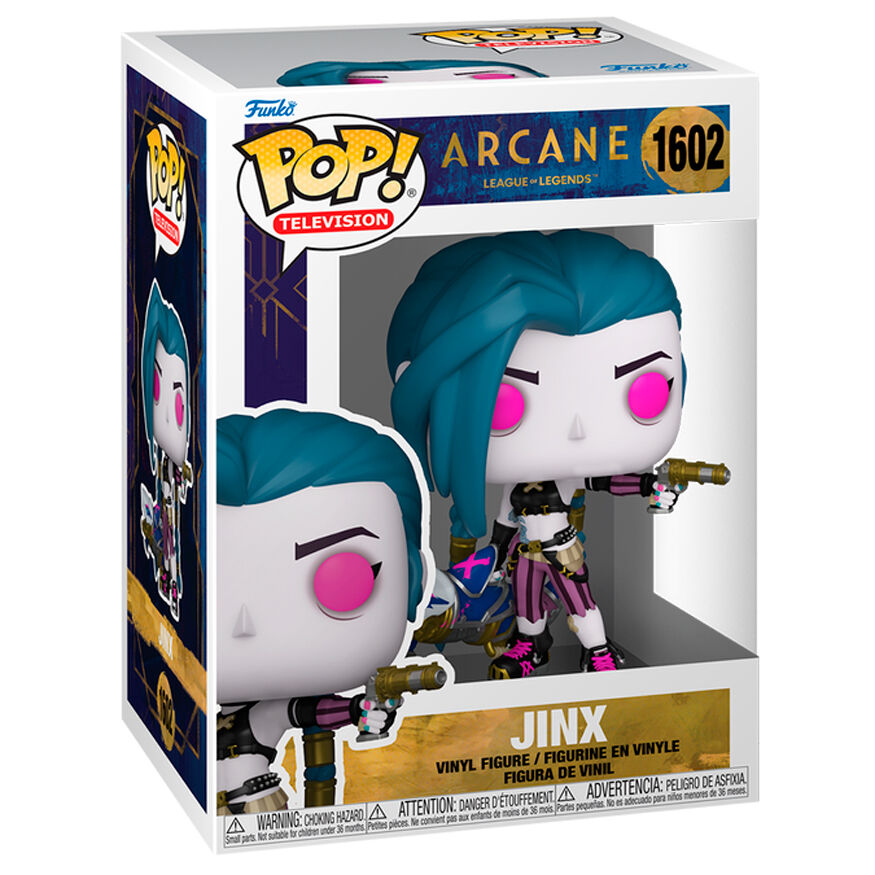 Funko Pop Vinyl Figur von Jinx aus Arcane, mit blauen Haaren und Pistole in einer Schachtel.