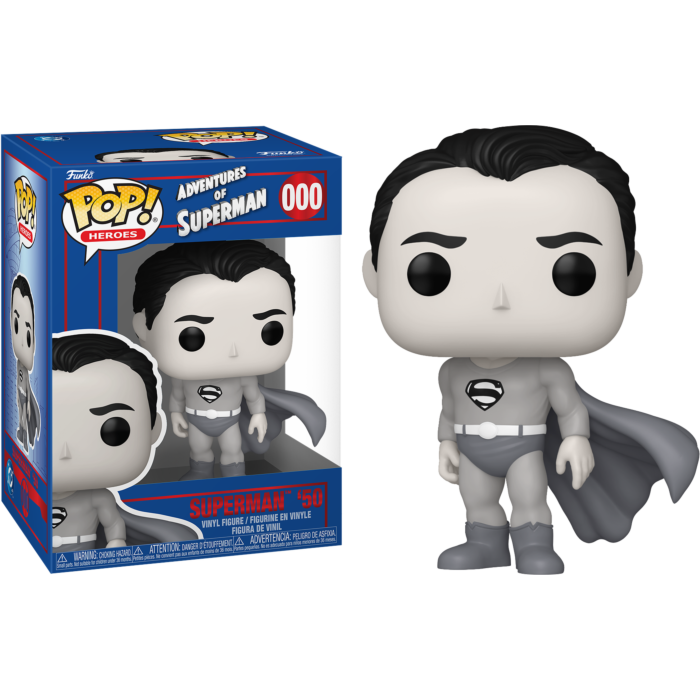Una figura de vinilo Funko Pop de Superman gris junto a su caja azul y blanca etiquetada Adventures of Superman.