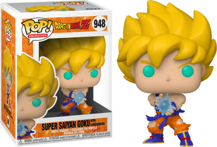 Action figure Funko Pop di Super Saiyan Goku con attacco energetico, accanto alla scatola.