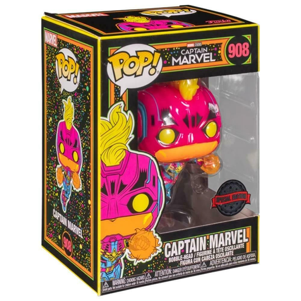 Figura Funko Pop di Captain Marvel in una scatola da collezione colorata e neon etichettata 908.