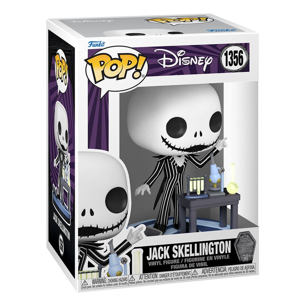Scatola Funko Pop con statuetta di Jack Skellington in abito gessato a un tavolo da laboratorio.
