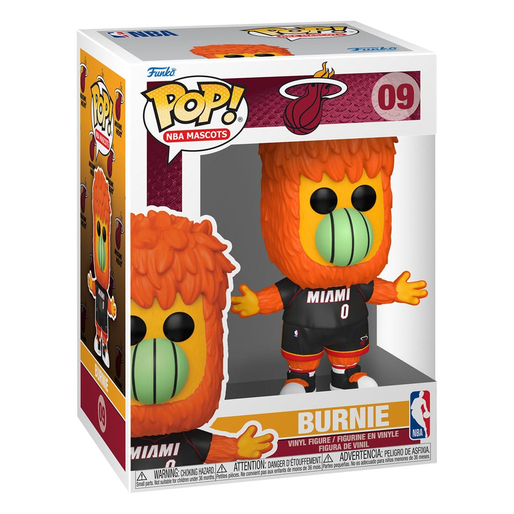 Funko Pop! Figur von Burnie, dem Maskottchen der Miami Heat, in Originalverpackung.