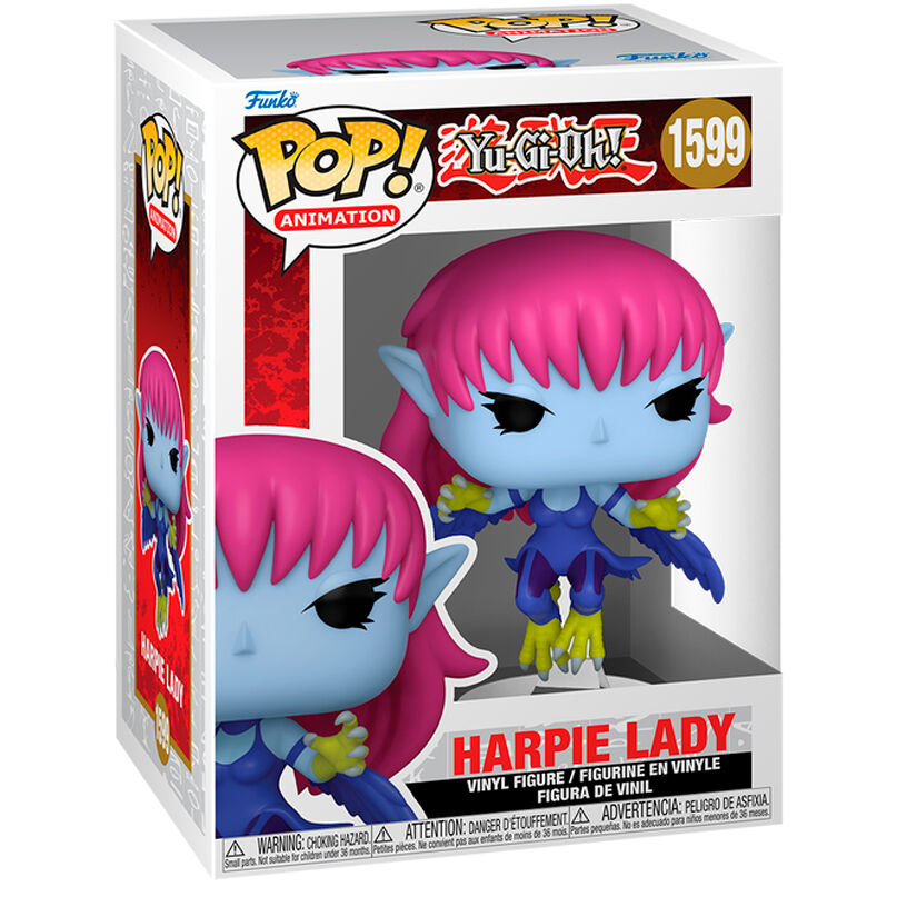 Figura de vinilo Funko Pop Yu-Gi-Oh Harpie Lady en su caja con piel azul, cabello rosa y pies de pájaro amarillos.