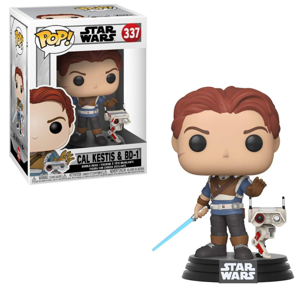 Figura Funko Pop de Cal Kestis y BD-1 con sable de luz azul y caja de embalaje.