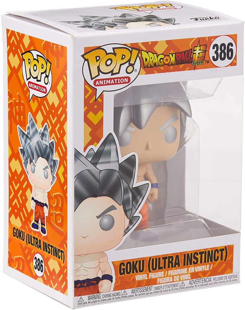 Figura de vinilo Funko Pop de Goku Ultra Instinct en su caja, con detalles naranjas y blancos.