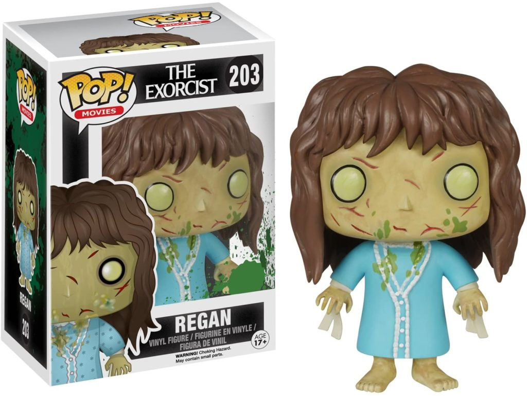 The Exorcist Regan Funko Pop Figur mit Verpackung, grünem Schleim und blauem Nachthemd.
