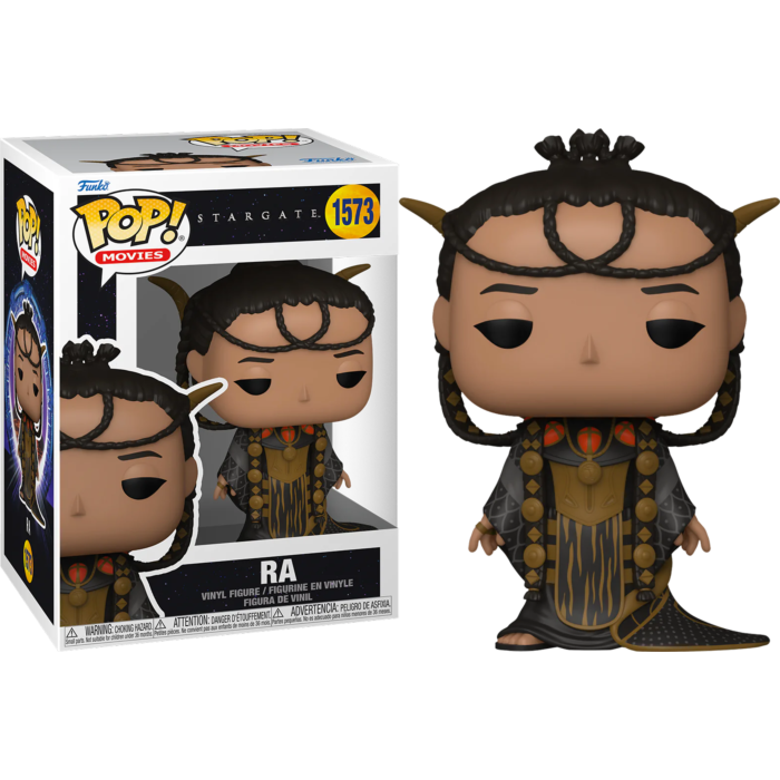 Figura de vinilo Funko Pop de Stargate Ra junto a su caja sobre fondo negro.