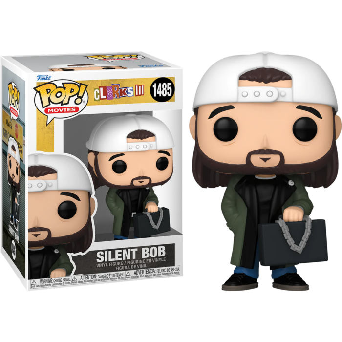 Silent Bob Funko Pop Figur mit weißer Kappe und Mantel steht neben der Verpackung.