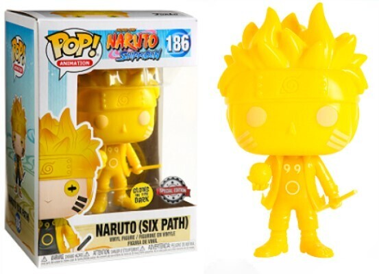 Eine gelbe Naruto Six Path Funko Pop Figur in Sonderausgabe neben ihrer Markenverpackung.