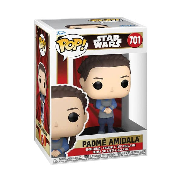 Figura de vinilo Funko Pop de Padmé Amidala de Star Wars en su caja con fondo rojo.