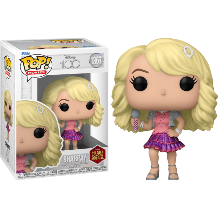 Sharpay Funko Pop Figur mit Mikrofon neben ihrer Verpackung mit Disney 100 Logo.