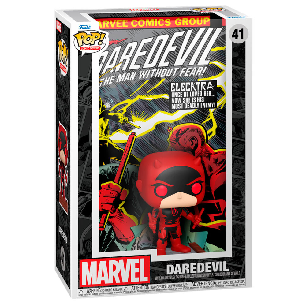 Figura Funko Pop de Daredevil en caja de presentación con detalles en rojo y amarillo.