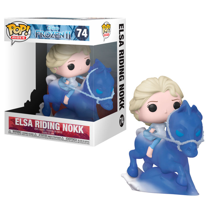 Figura Funko Pop! de Elsa de Frozen II montando al Nokk, junto a su caja de producto.