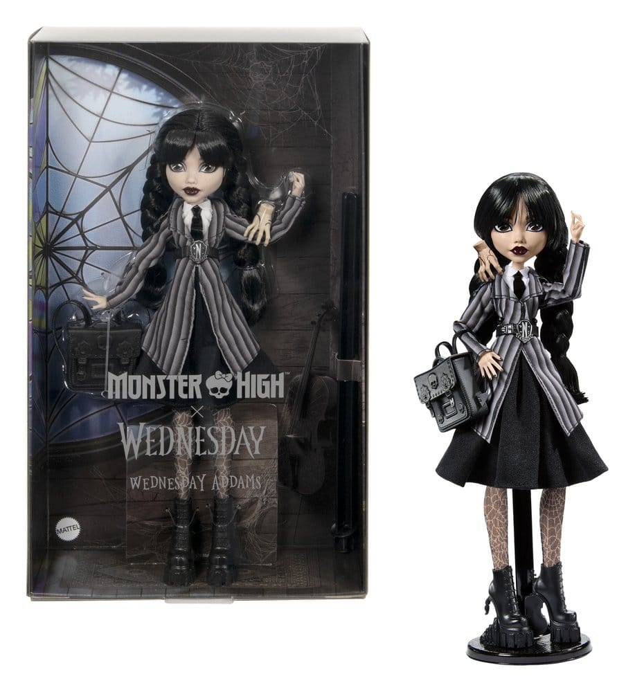 Muñeca Monster High Wednesday Addams con traje de rayas, accesorios y caja.