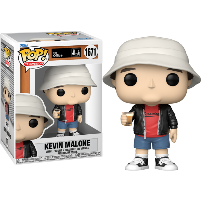 Kevin Malone Funko Pop Figur aus The Office mit Anglerhut, rotem Shirt, schwarzer Jacke und einem Getränk.
