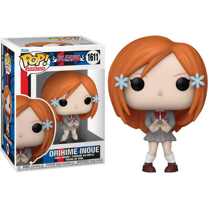 Figurka winylowa Pop! Animation Orihime Inoue z pudełkiem, pomarańczowymi włosami, mundurkiem i niebieskimi spinkami.