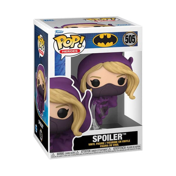 Figura de vinilo Funko Pop Spoiler con traje con capucha morada y pelo rubio en su caja coleccionable.