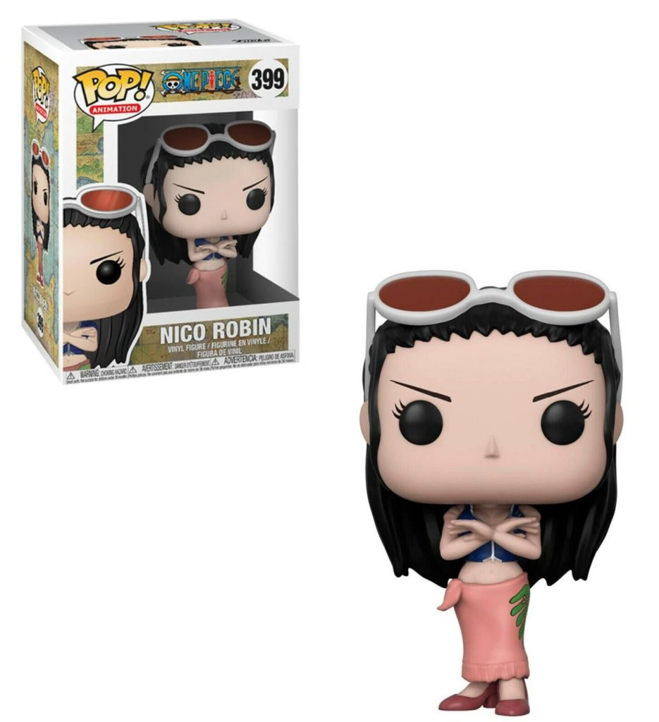 Nico Robin Funko Pop Figur aus One Piece mit Sonnenbrille, neben der Verkaufsverpackung.