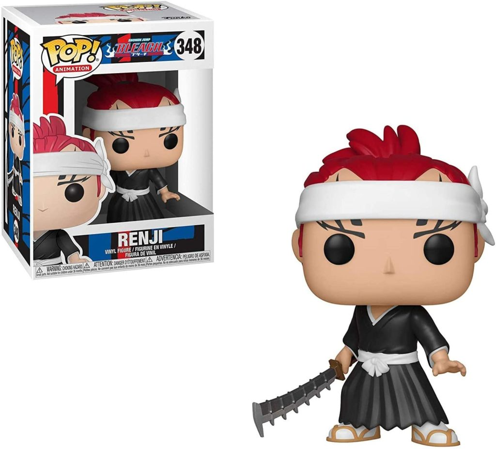 Renji Funko Pop Figur mit rotem Haar, Stirnband, schwarzem Gewand und schwert, neben seiner Verpackung.