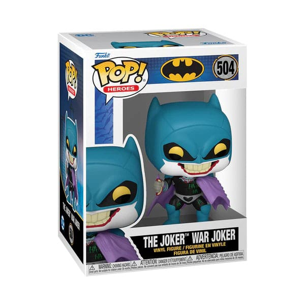 Figura de vinilo Funko Pop de War Joker en una caja blanca y azul.