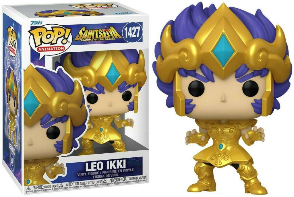 Funko Pop Leo Ikki Vinylfigur aus Saint Seiya, in goldener Rüstung mit blauen Haaren, außerhalb und in ihrer Box.