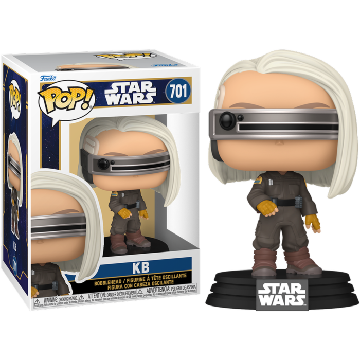 Figura de vinilo Funko Pop de Star Wars KB al lado de su caja con cabello blanco y una visera.