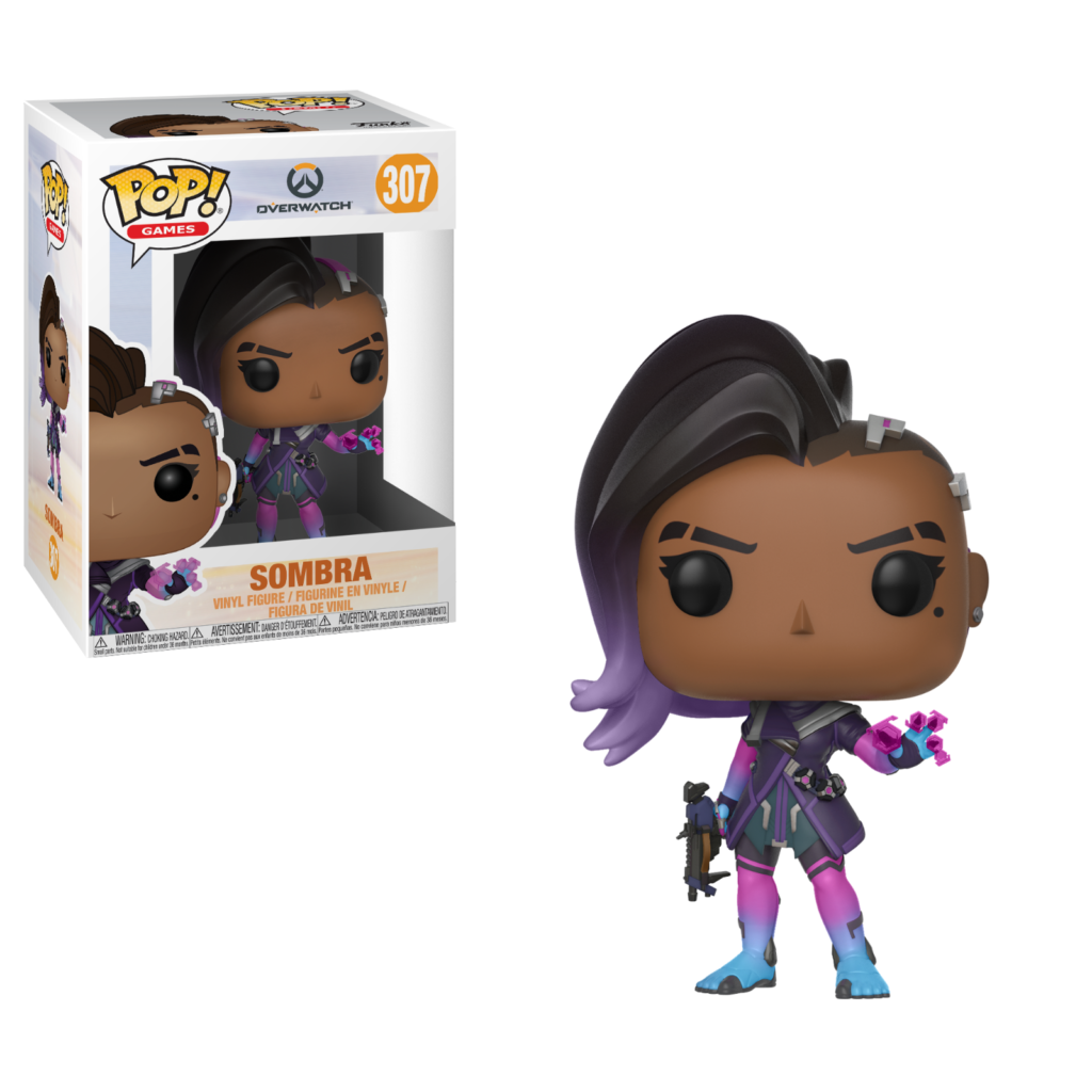 Sombra Funko Pop Figur mit violettem Haar, Waffe und ihrer Verpackung.
