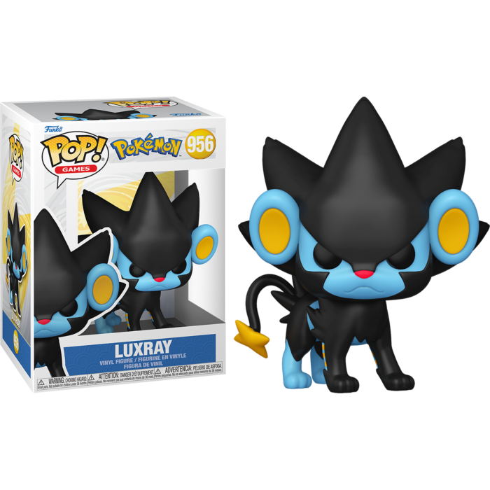 Figura de vinilo Luxray Funko Pop junto a su caja etiquetada sobre fondo negro.
