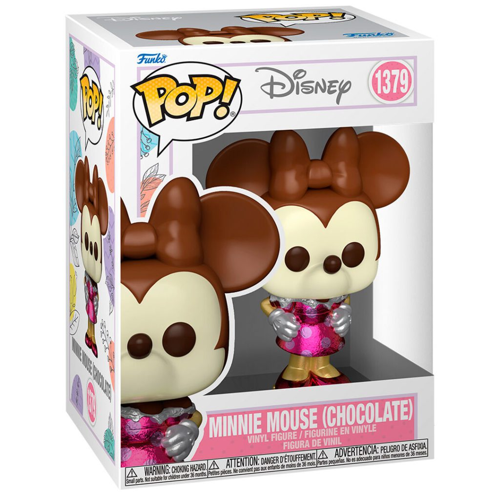 Una figure in vinile Funko Pop Minnie Mouse Chocolate nella sua confezione, con finitura in cioccolato marrone e abito rosa.