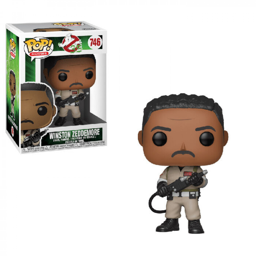 Winston Zeddemore Funko Pop Figur in Ghostbusters Uniform neben der Verpackung.