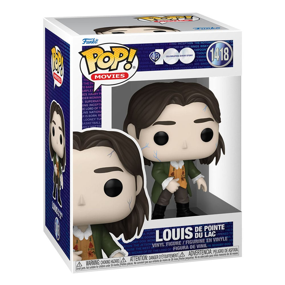 Figurka winylowa Funko Pop! przedstawiająca Louis de Pointe du Lac w pudełku z niebieskimi akcentami i logo WB 100.
