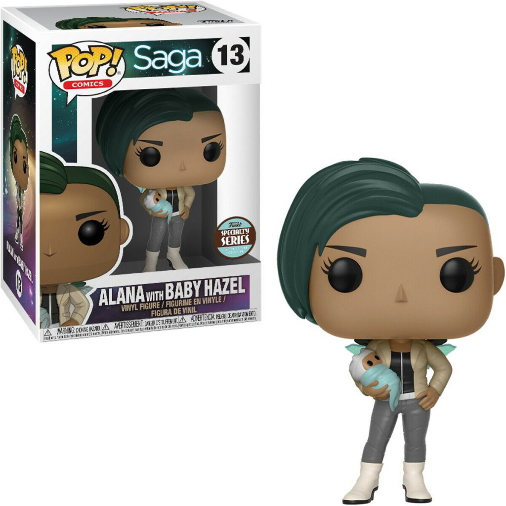 Funko Pop Figur von Alana mit Baby Hazel aus Saga Comics, in und ausserhalb der Verpackung.
