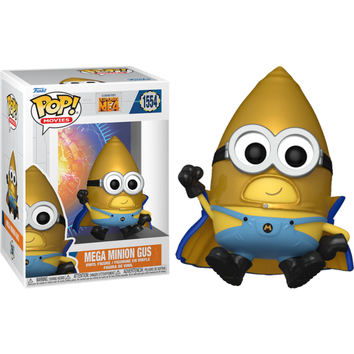 Figura Funko Pop de Mega Minion Gus con cabeza puntiaguda, peto azul, gafas y capa azul, mostrada al lado de su caja.
