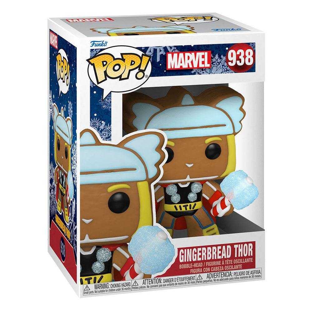 Figura Funko Pop de Marvel de Gingerbread Thor en caja temática azul y blanca sosteniendo a Mjölnir.