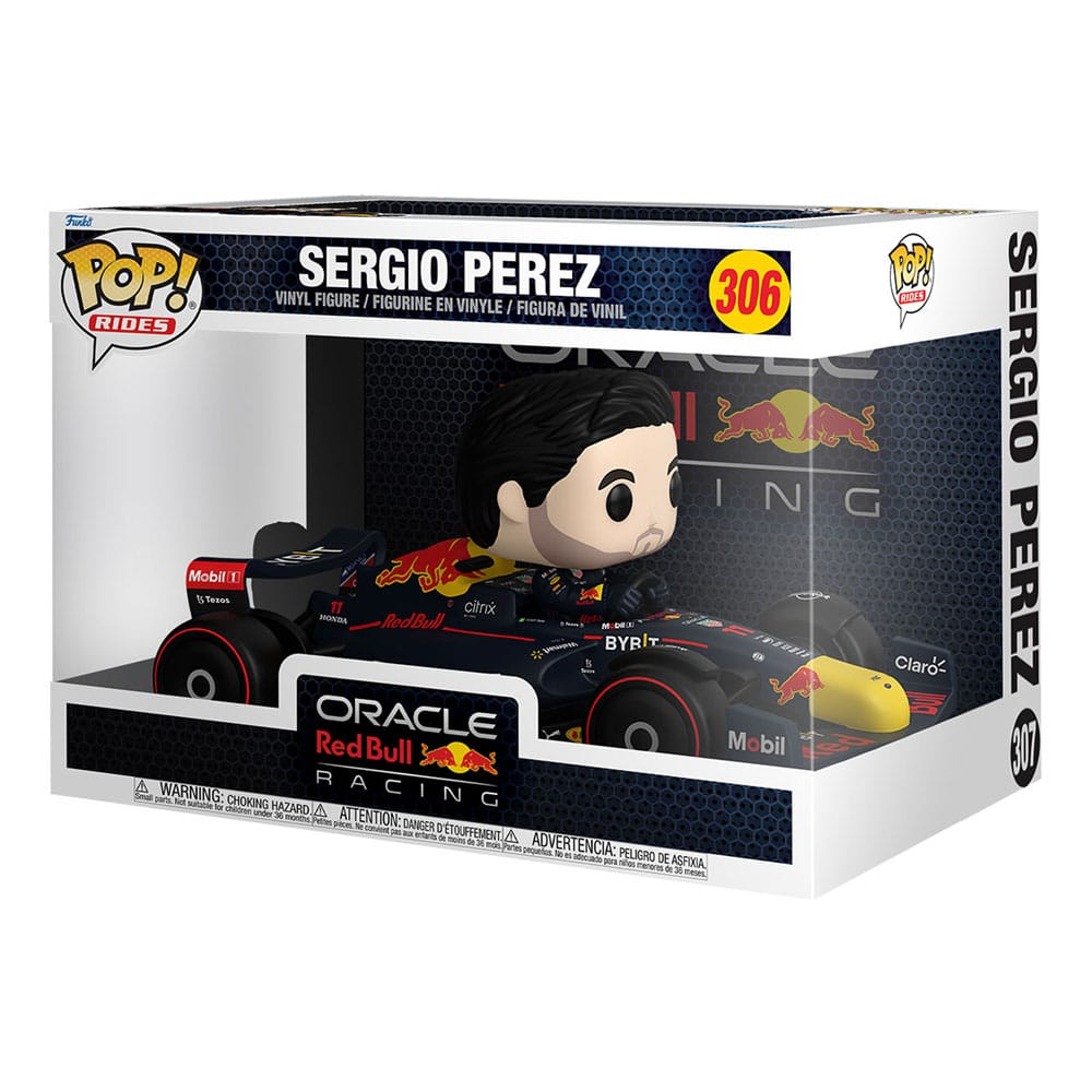 Figurine de collection Funko Pop Rides de Sergio Perez dans une F1 Oracle Red Bull Racing, dans sa boîte.