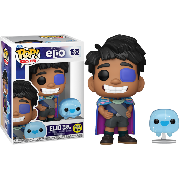 Figura Funko Pop de Elio con parche azul, de pie junto a su caja y un pequeño compañero azul.