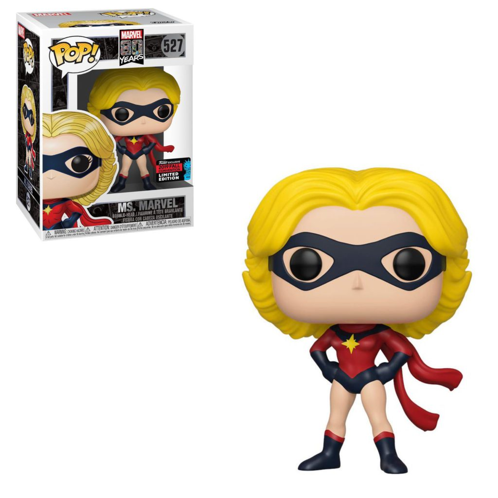 Ms. Marvel Funko Pop Figur mit Verpackung, blonde Haare, rote und blaue Kleidung.