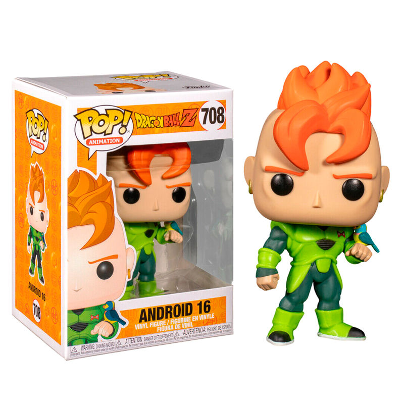 Funko Pop Android 16 Vinyl-Figur aus Dragon Ball Z mit Verpackung links.
