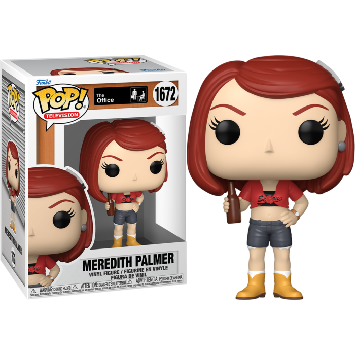 Figura Funko Pop de Meredith Palmer de The Office con una botella, y su caja original a la izquierda.