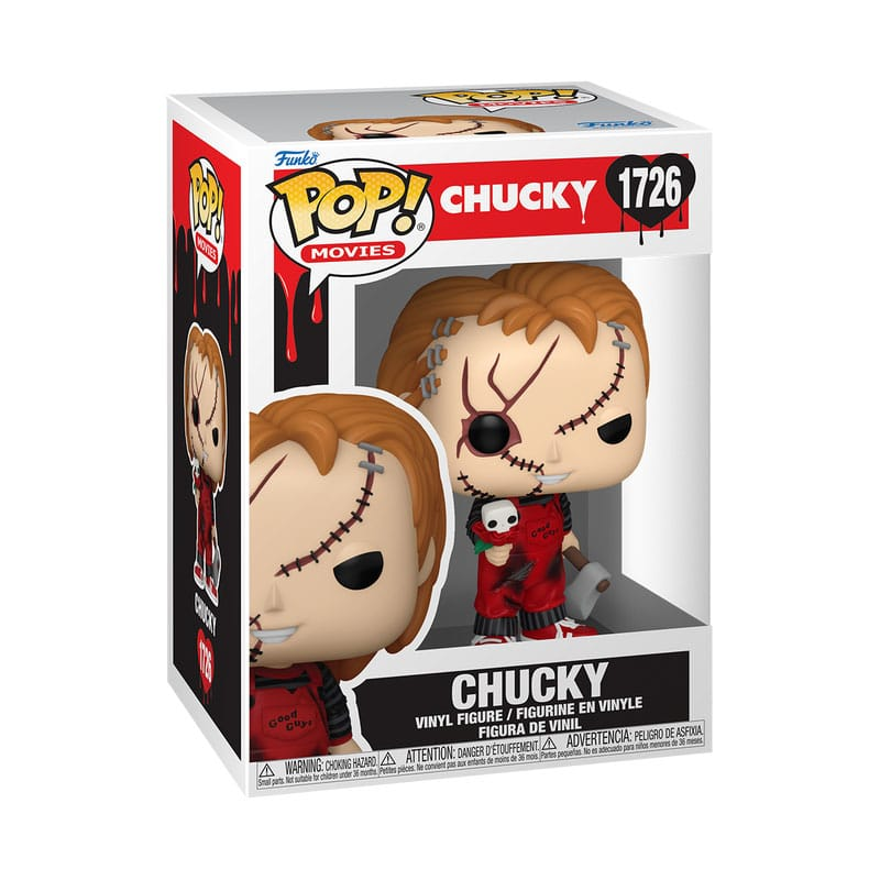 Figura de vinilo Chucky Funko Pop en su caja con cicatrices en la cara, sosteniendo un cuchillo sangriento y una cabeza.