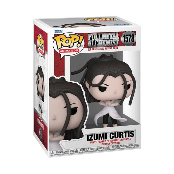 Figurine Funko Pop d'Izumi Curtis de Fullmetal Alchemist Brotherhood dans une boîte blanche et rouge.