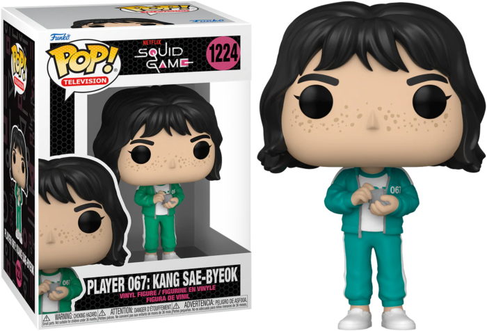 Funko Pop Figur von Spieler 067 Kang Sae-byeok aus Squid Game, neben der Verpackung.