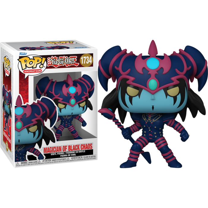 Figurka Funko Pop Magician of Black Chaos i jej opakowanie w kolorze niebieskim i różowym na czarnym tle.