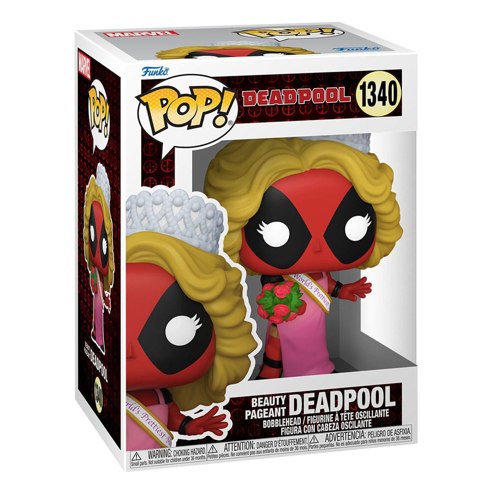 Funko Pop Deadpool come reginetta di bellezza con corona, abito rosa e bouquet in scatola.
