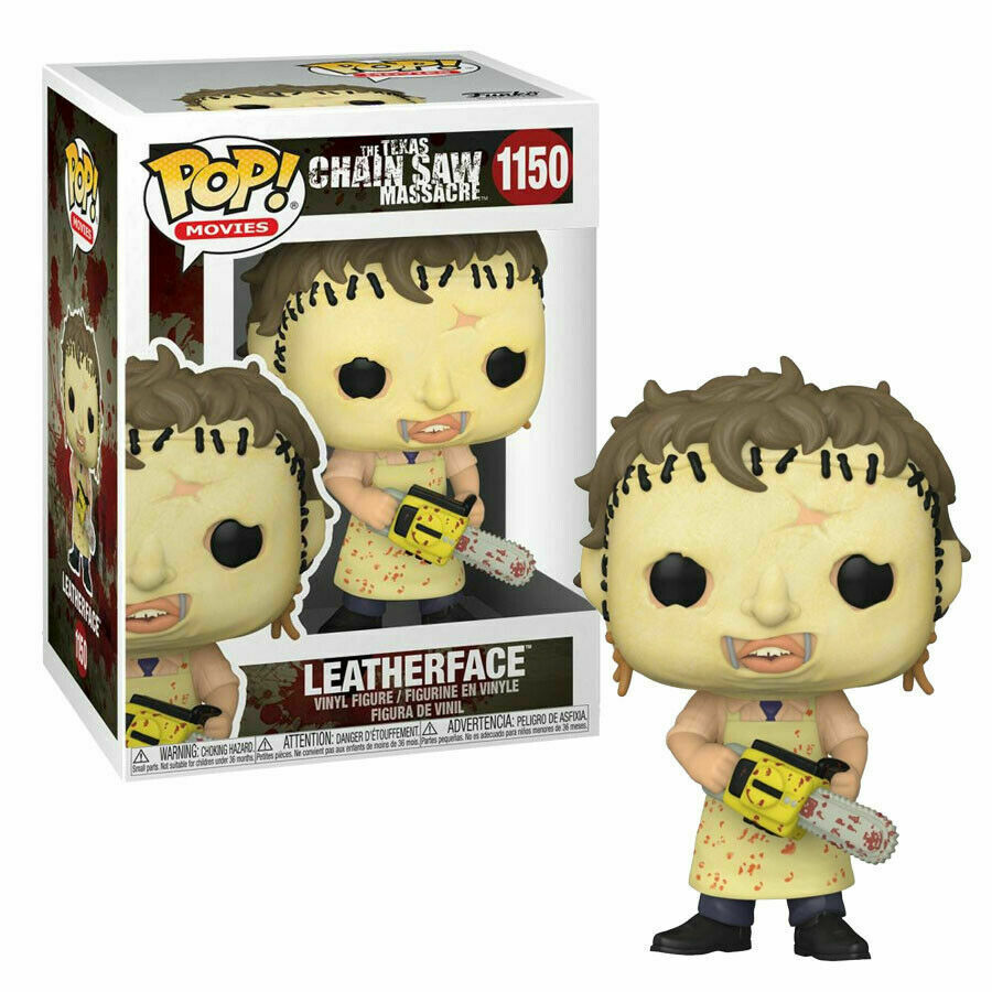Figura de vinilo de Leatherface de La masacre de Texas en su caja y de pie afuera.